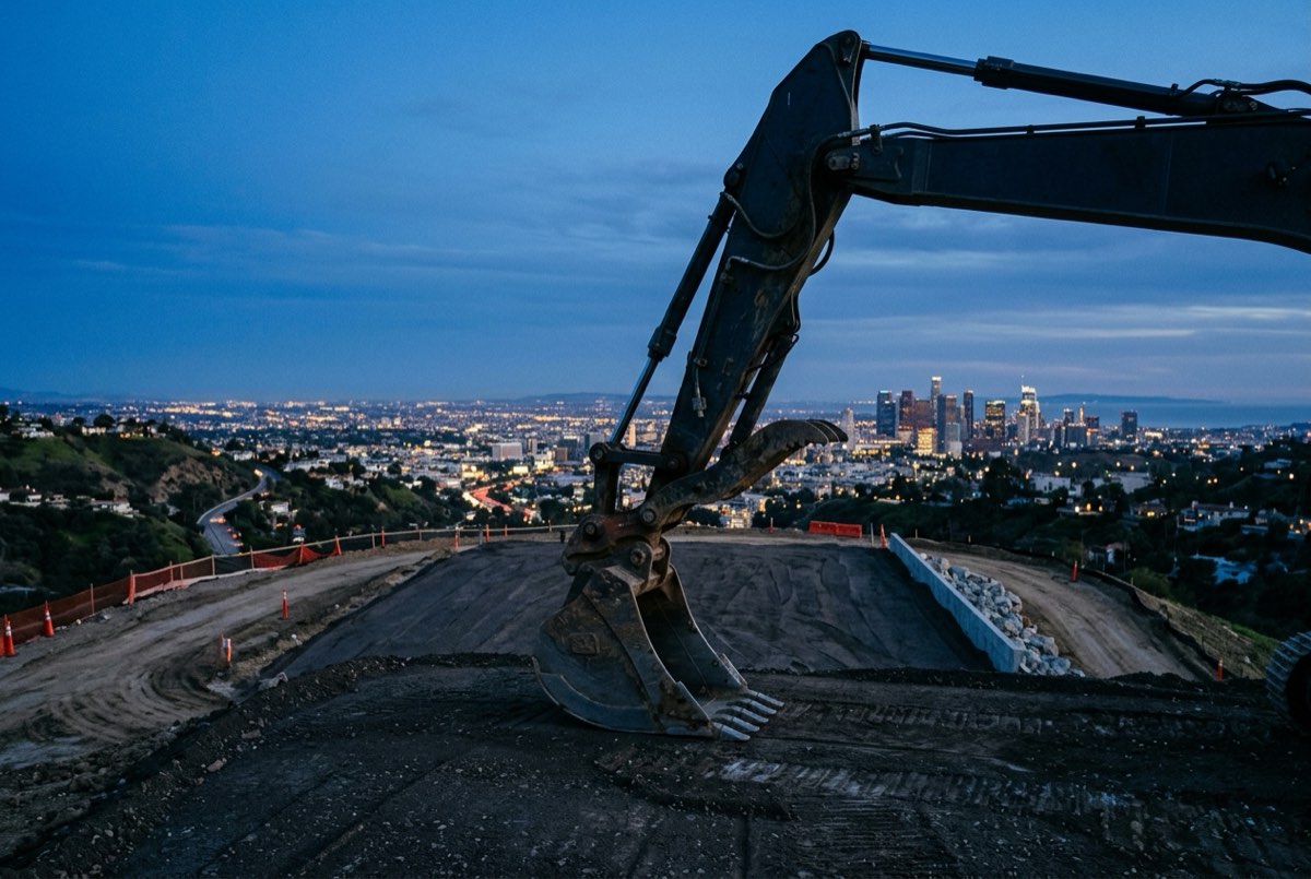 Excavator bucket resting on a finished graded pad at dusk with the hills behind