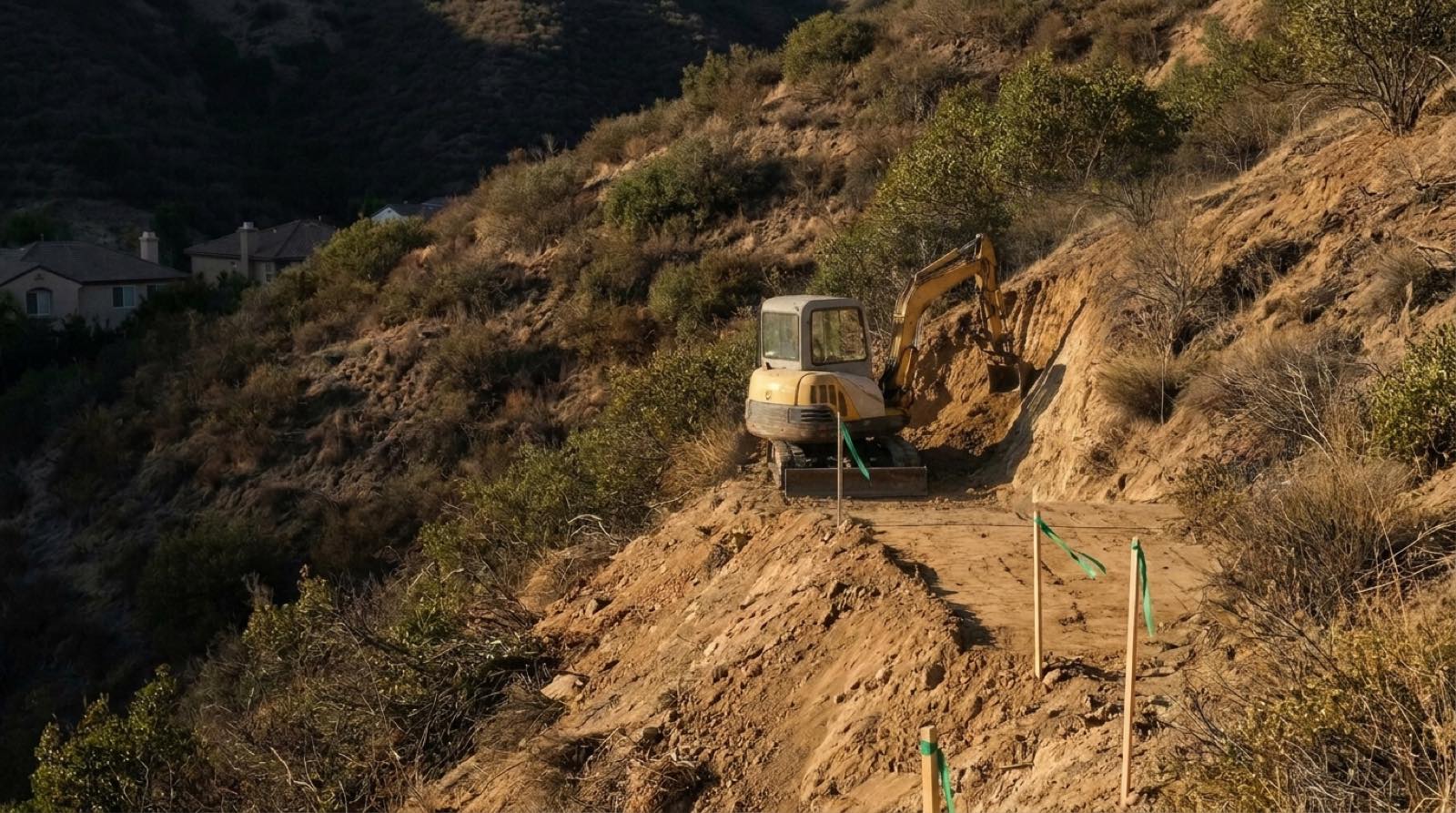 Compact excavator cutting a level pad into a sloped Los Angeles backyard