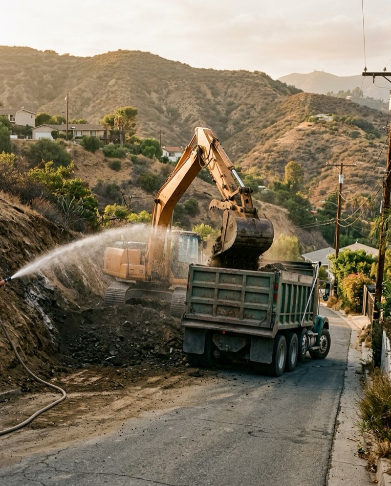 Excavator loading soil into a dump truck on a hillside street