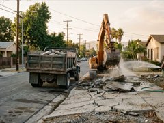 Broken concrete driveway being loaded into a dump truck