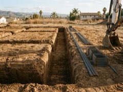 Footing trench dug to plan with rebar chairs laid beside it