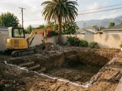Freshly dug pool hole in a backyard with a dump truck loading