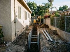 Narrow utility trench along a side yard with a shoring box